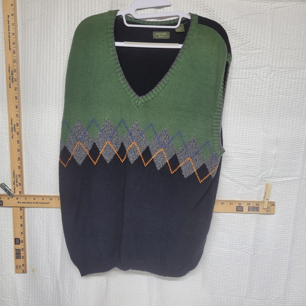 Dockers Golf Mens Large Argyle V-Neck Sweater Vest Green Navy Blue Knit Pullover